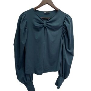ZARA Turquoise Long Puff Sleeve V-Neck Top Size S